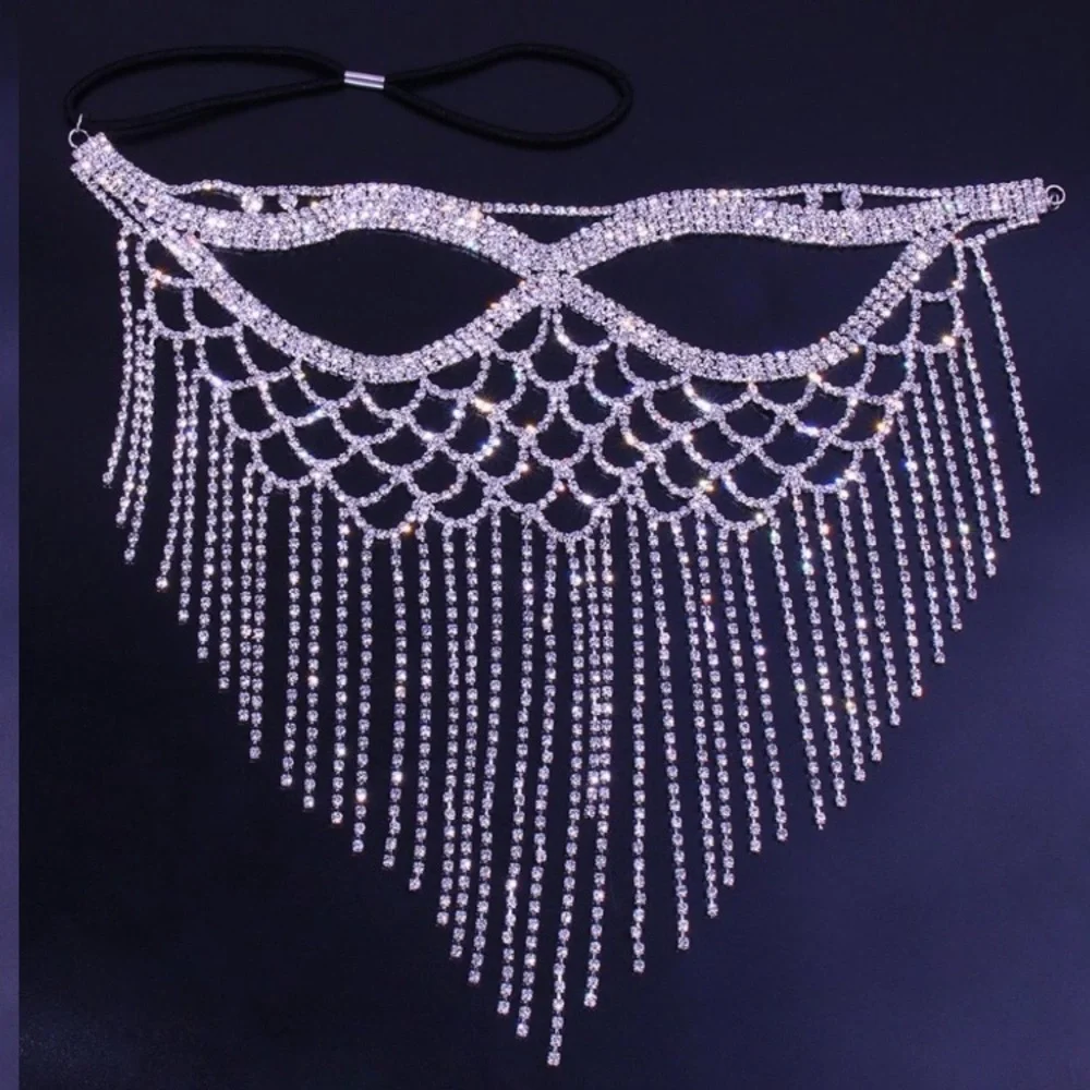 Crystal Tassel Face Mask Halloween Masquerade Mask for Women Jewelry Rhinestone